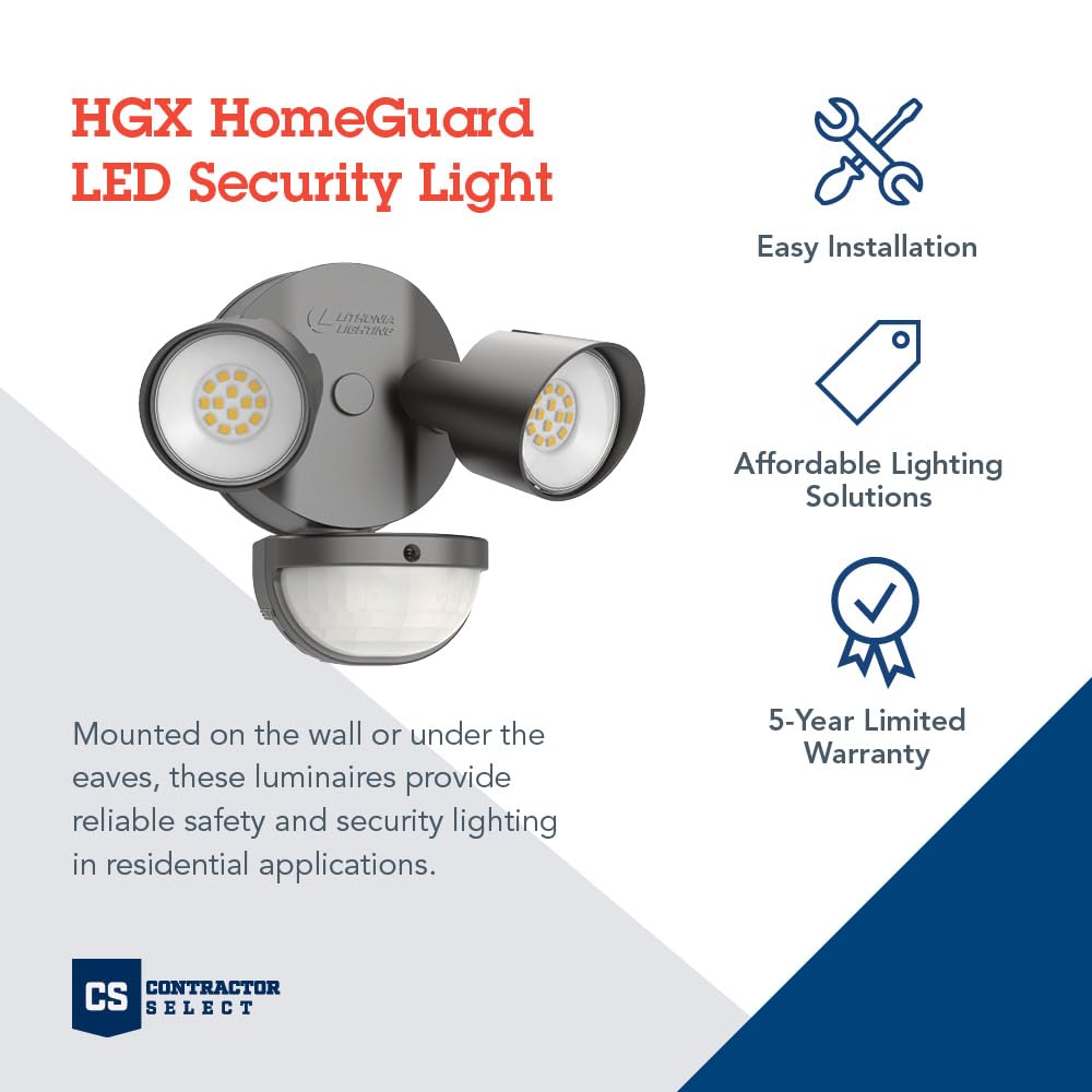 Lithonia HomeGuard two round heads with adjustable aiming for flexible lighting.