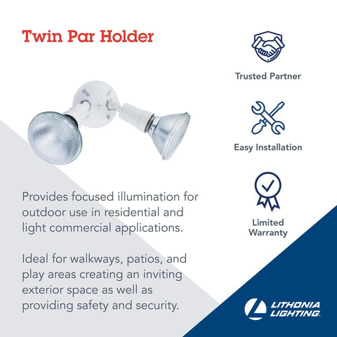 Lithonia Lighting adjustable twin PAR heads illuminate patios with customizable angles.