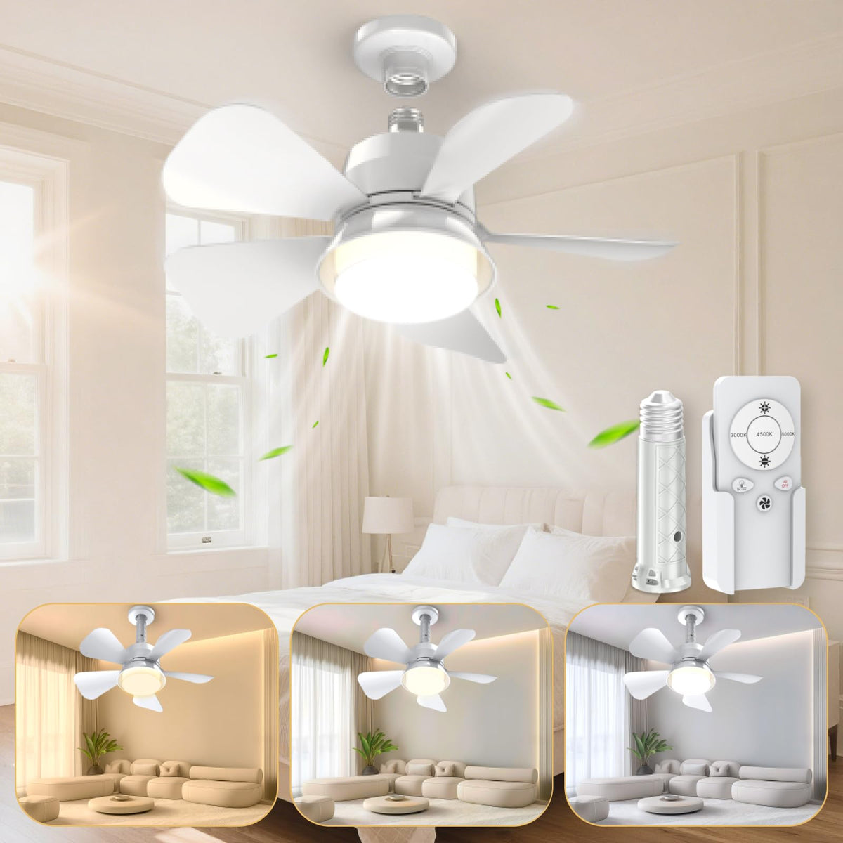 LITLISFlY Socket Fan Light assembly shows compact, space-saving ceiling fan for small rooms.