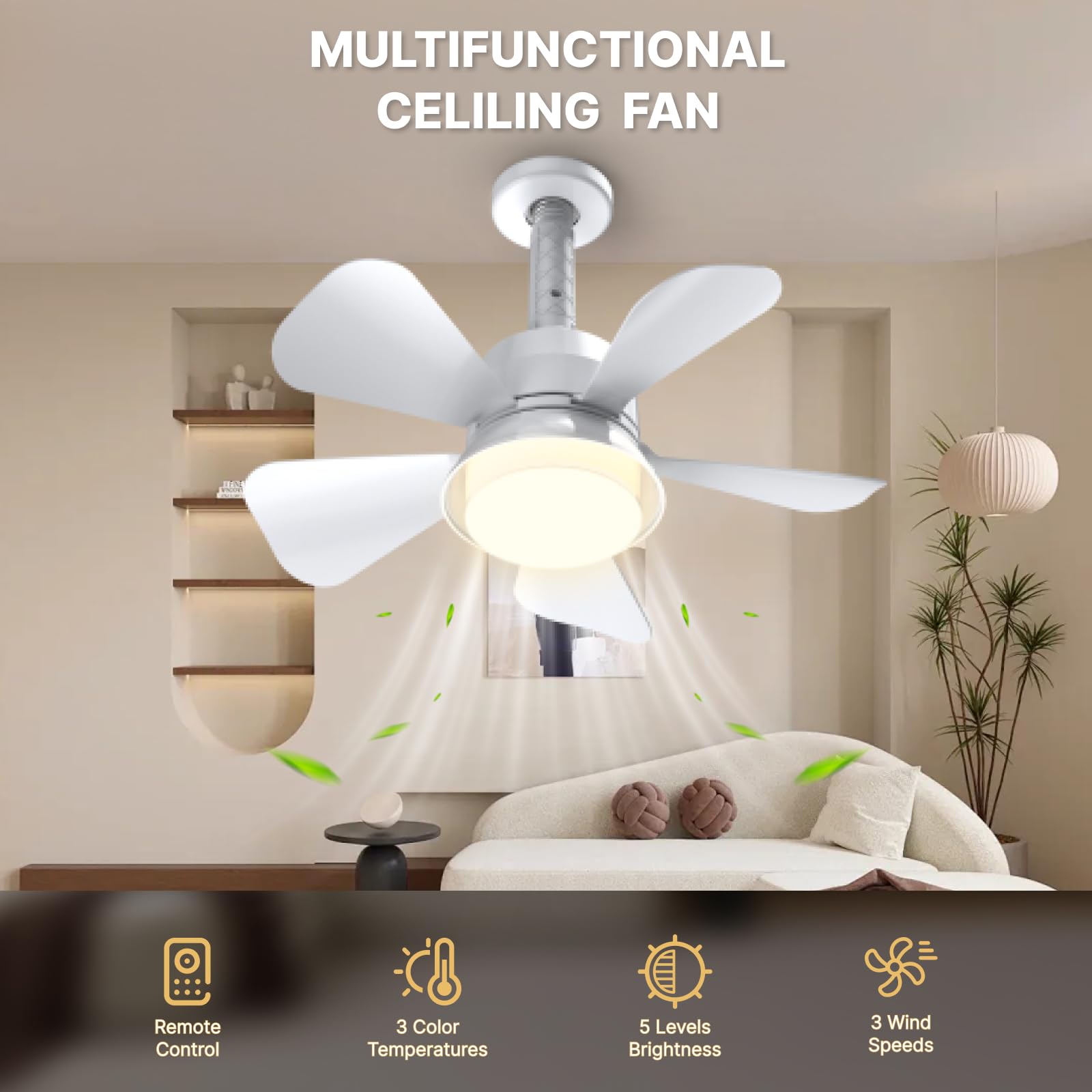 LITLISFlY Socket Fan Light demonstrates five-step brightness control for tailored illumination.
