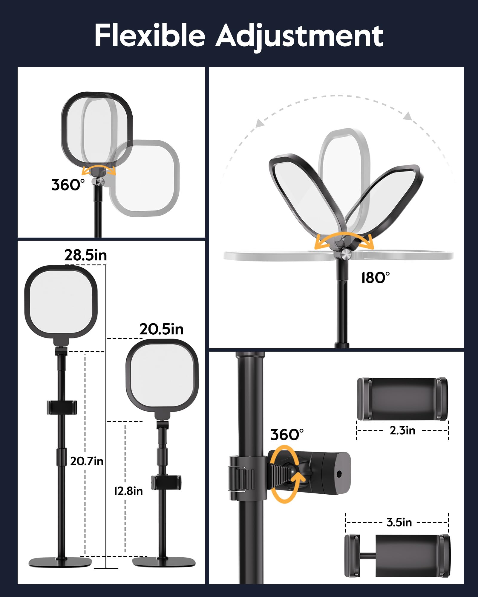 LitONES light head and phone holder rotate 360 degrees for flexible framing.