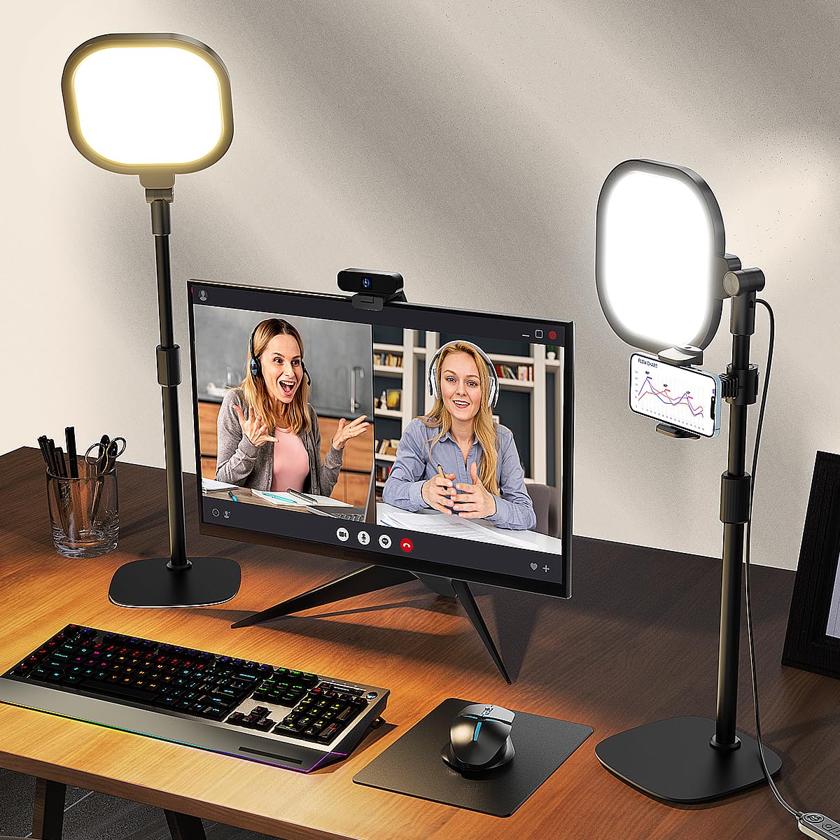 LitONES desktop lighting stand setup for stable, glare-free video.