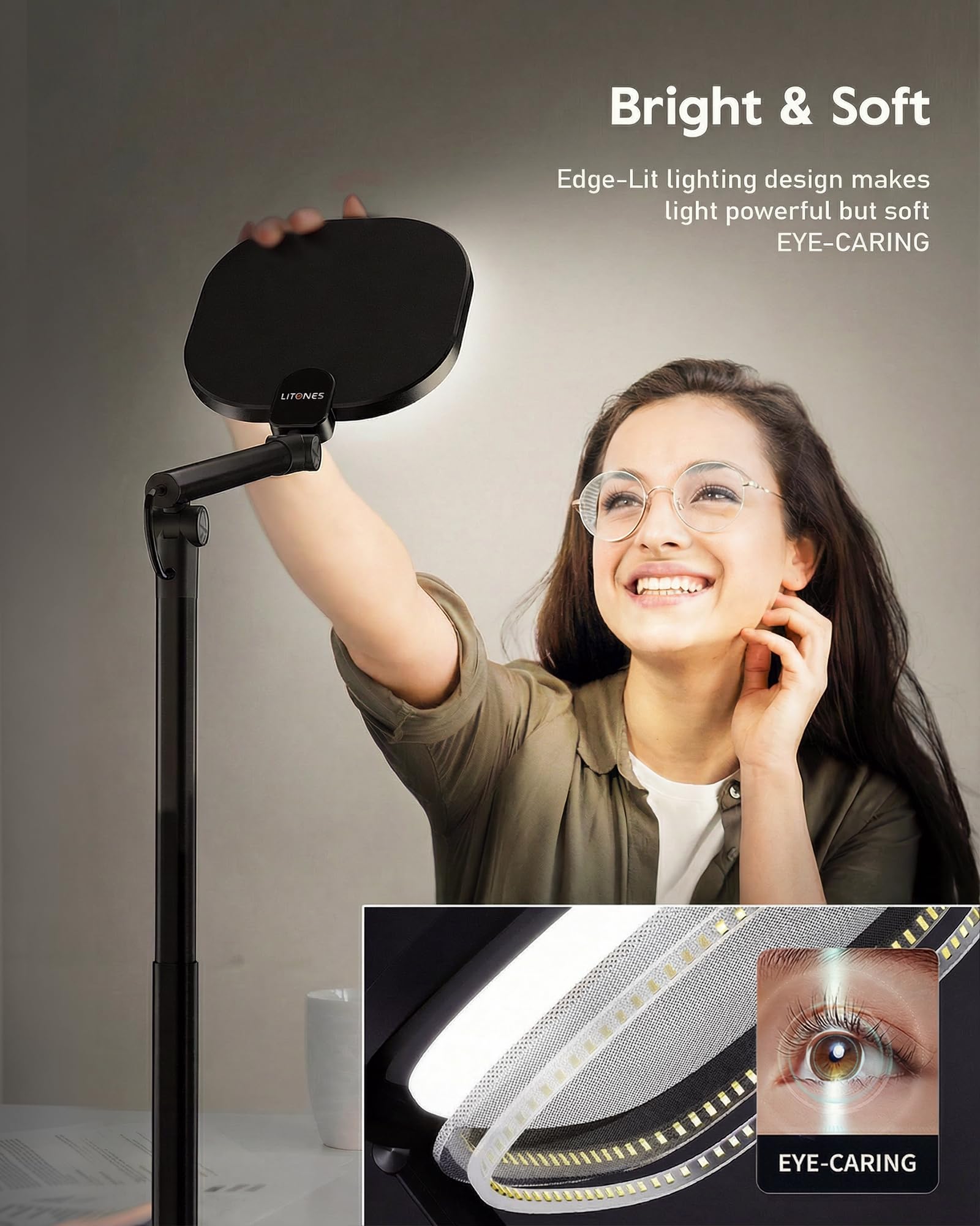 LitONES LED desk lamp adjustable arm enables precise lighting angles for video calls.