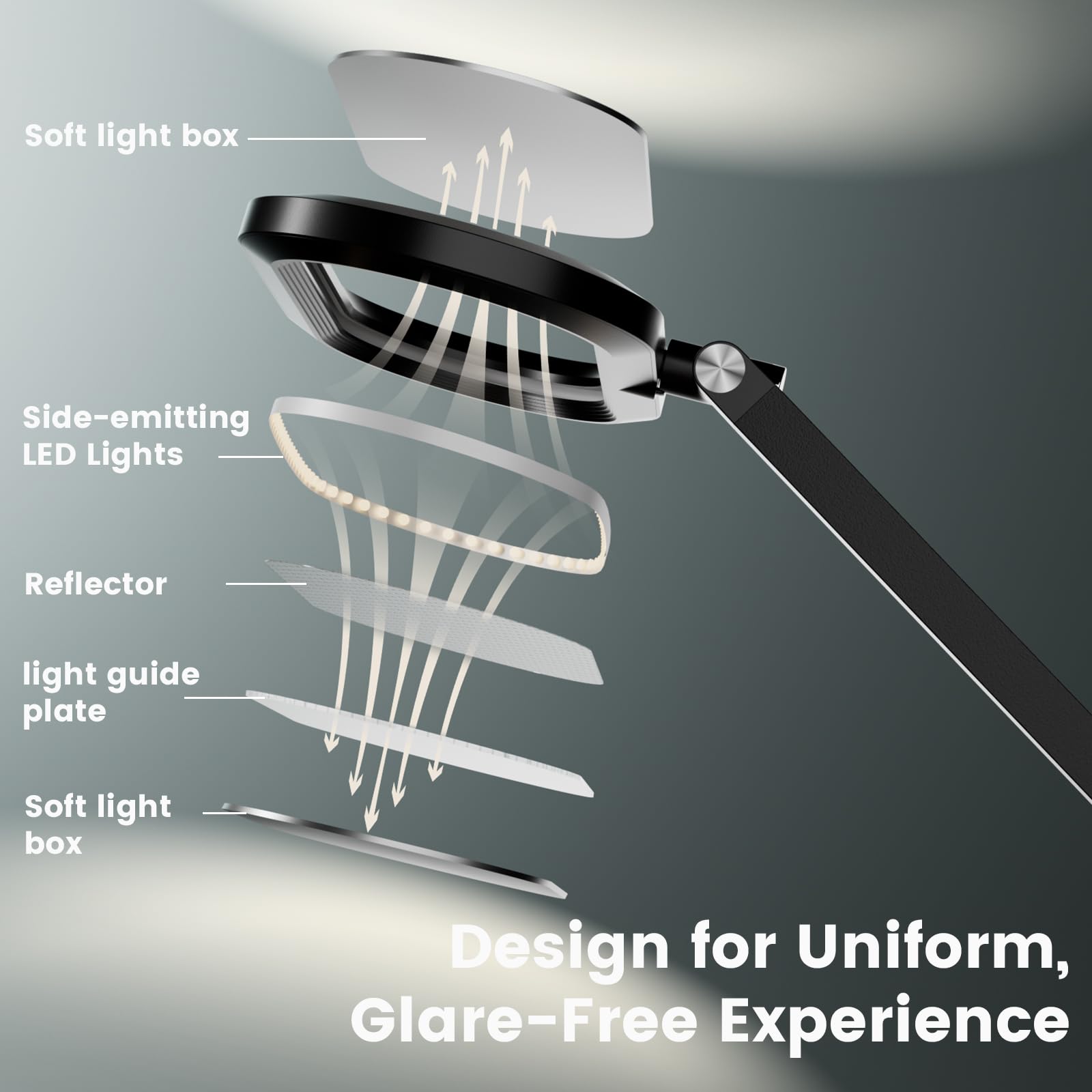 LitONES lamp with memory and color temperature options enhances desk setup.