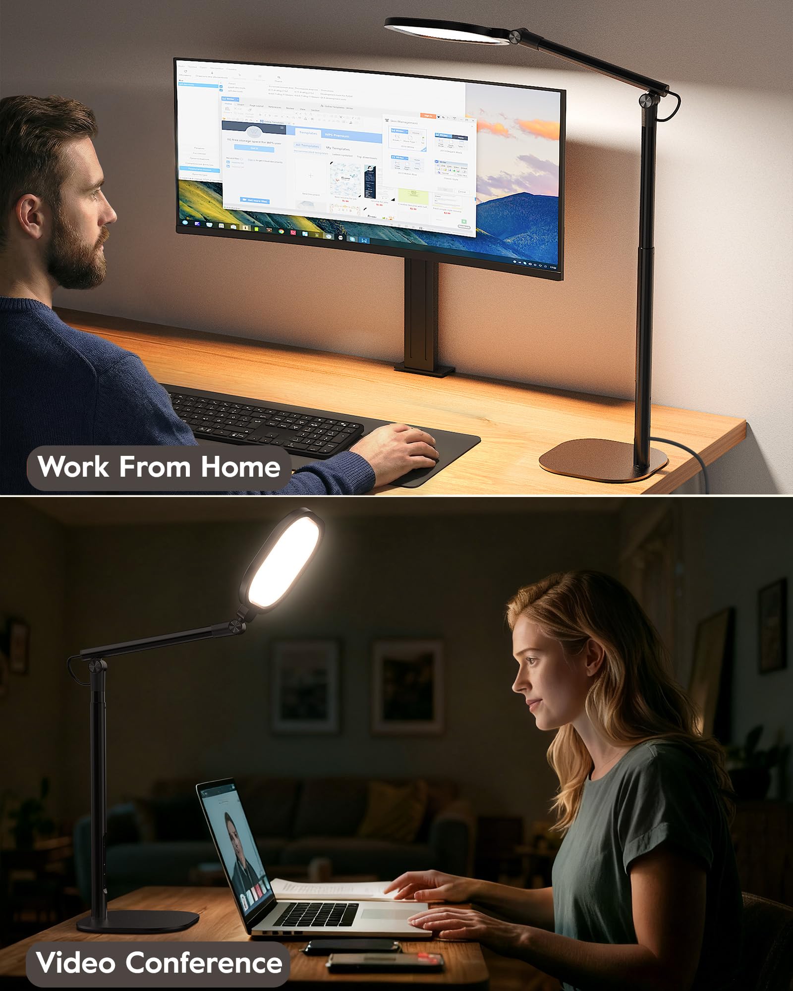 LitONES LED desk lamp full-height extension supports tall desks and multi-monitor setups.