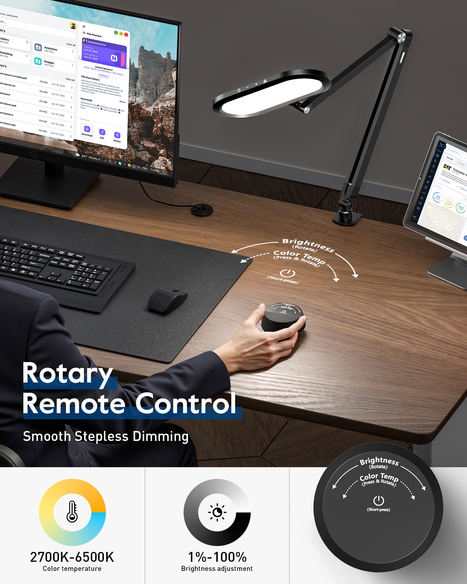 LitONES lamp knob dimming provides precise, stepless light control for reading.