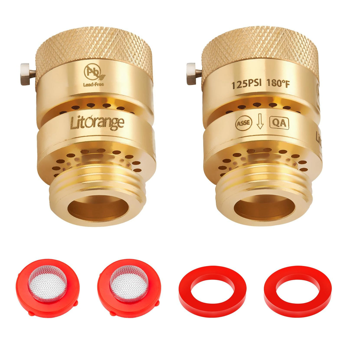 LitOrange vacuum breaker with drain hole for self-draining protection on garden hoses.