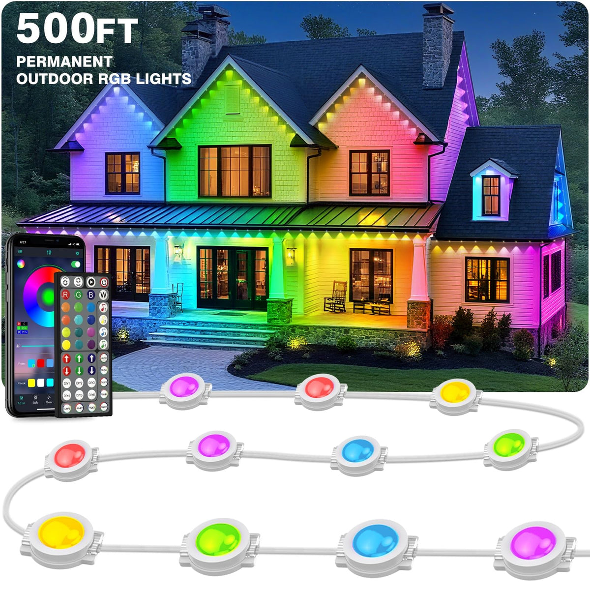 LITSOUL 500FT outdoor lights on an eave for easy install and ambient glow.