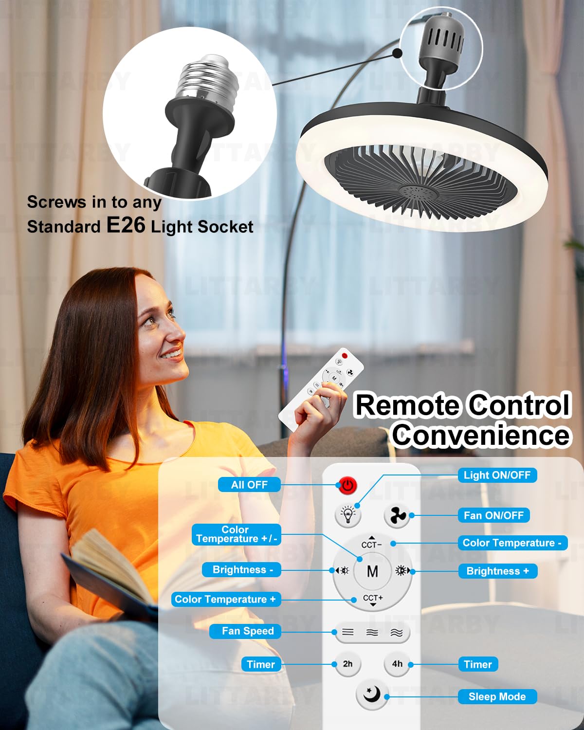 LITTARBY 10-inch ceiling fan demonstrating compact design in a small space