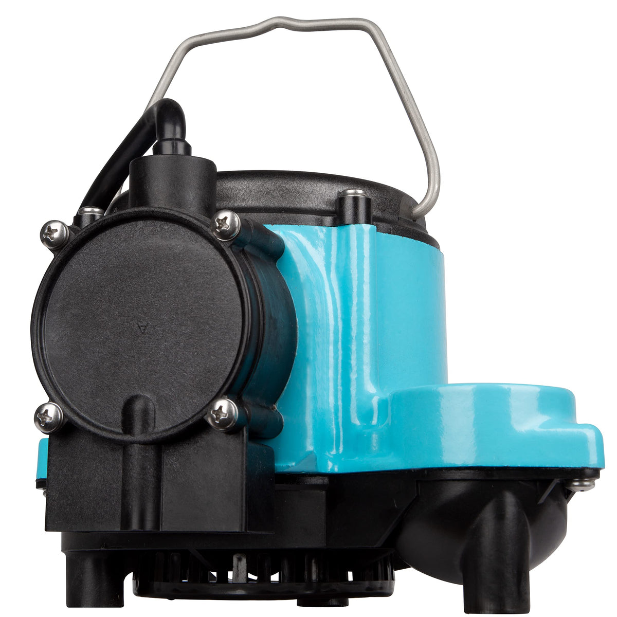 Little Giant 6-CIA submersible pump body in blue housing for basement sump use.