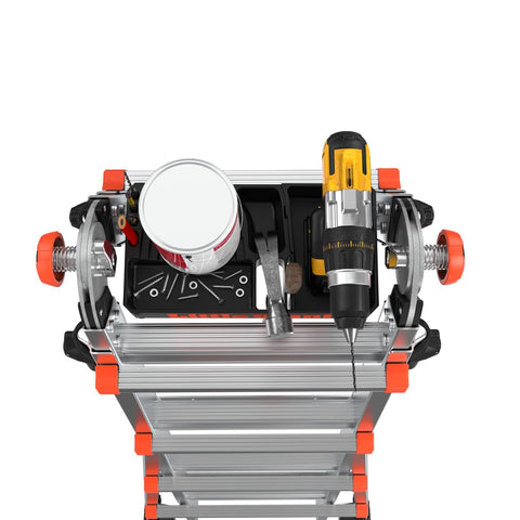Drill compartment of Little Giant Tool Tray within reach on ladder