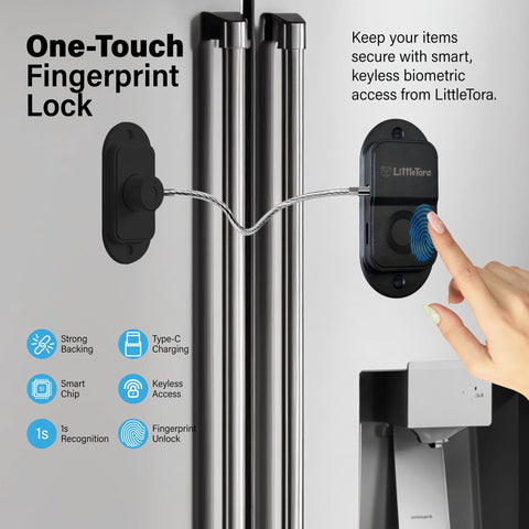 LittleTora Fingerprint Fridge Lock adhesive installation on surface enabling quick no-drill setup