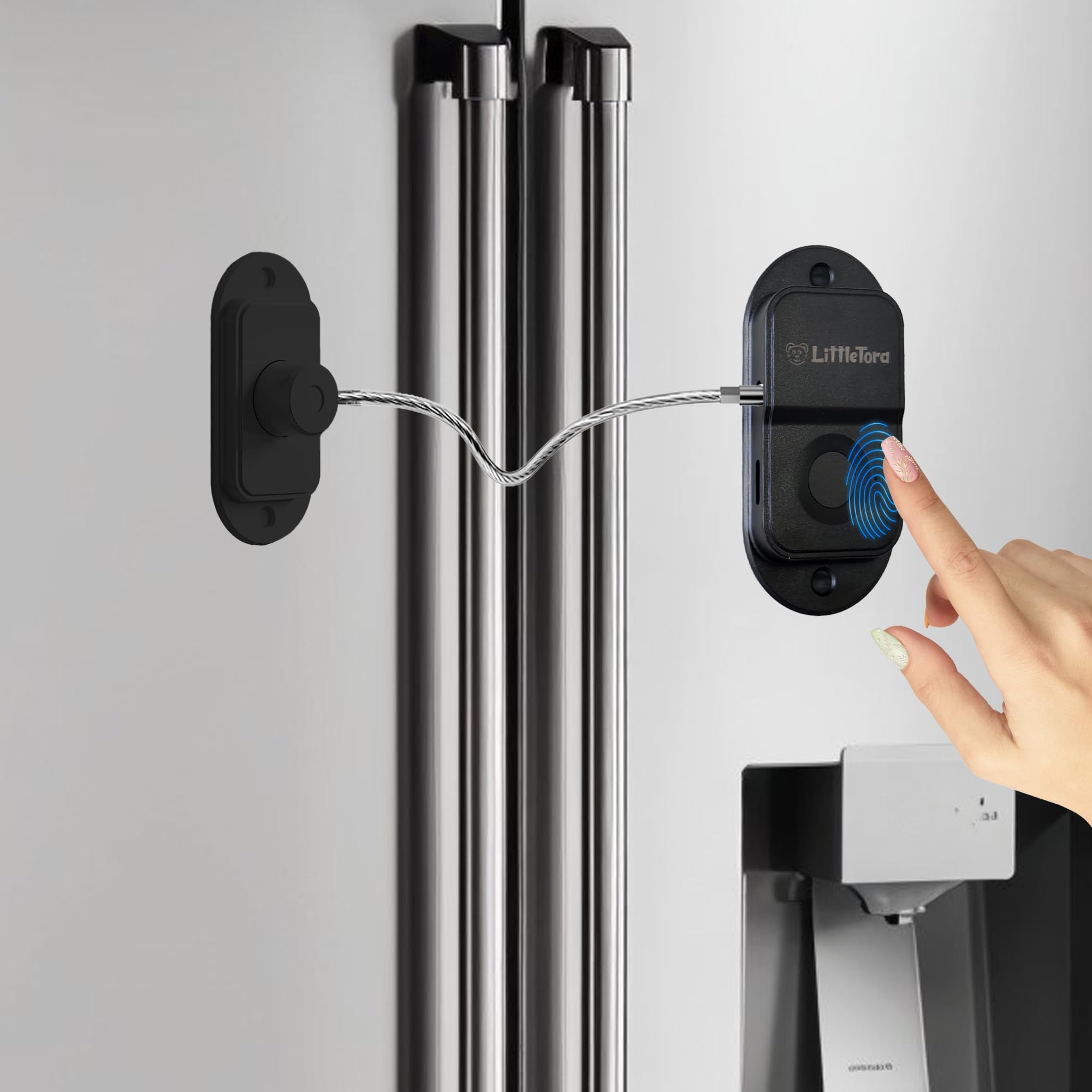 LittleTora Fingerprint Fridge Lock sensor close-up showing biometric access for families
