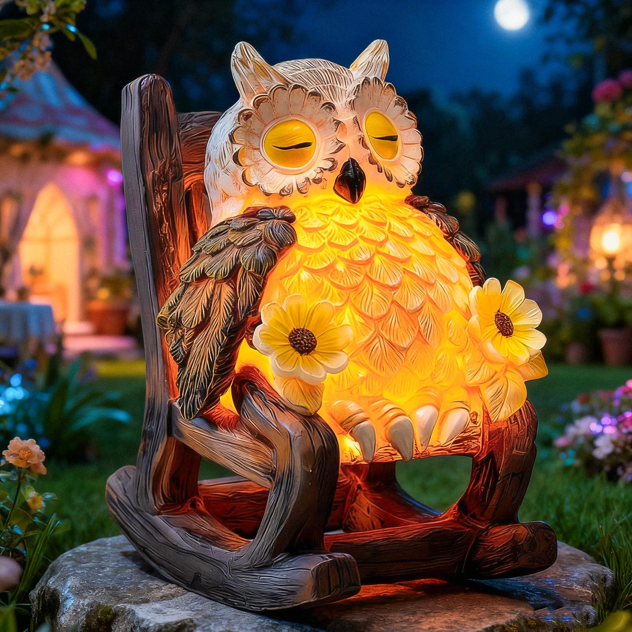 LIULO TOOL light-up owl on chair sculpture brightening an outdoor patio