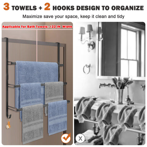 Livabber rack shows 3 bars and 2 hooks for towels, sponges, and brushes.