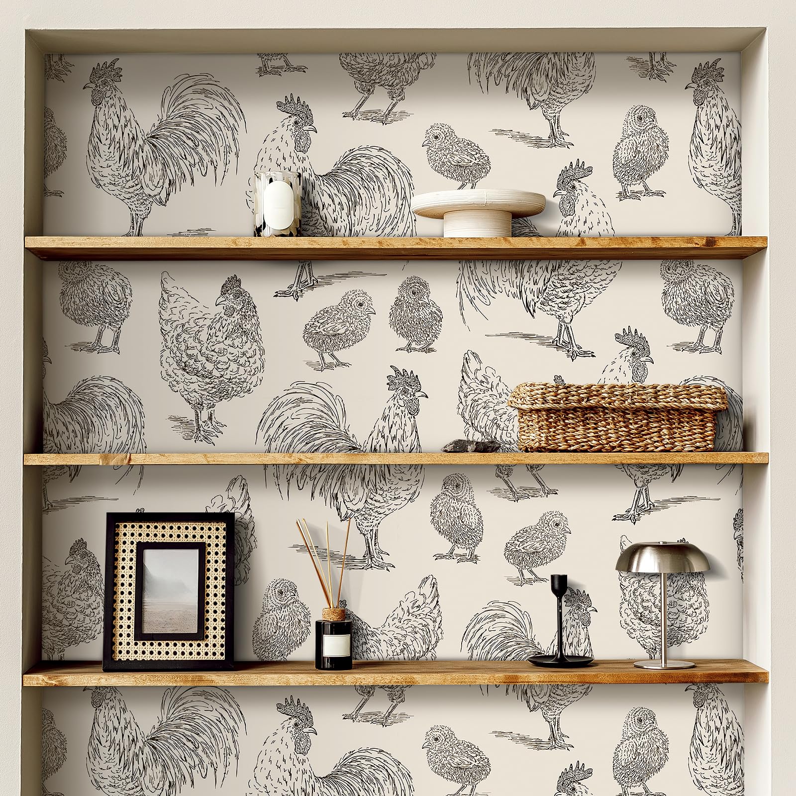 Livelynine-bedroom-wallpaper-chicken-pattern, adds rustic charm to walls.