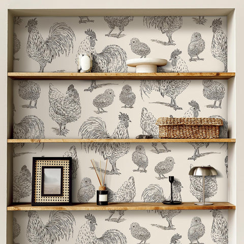 Livelynine-bedroom-wallpaper-chicken-pattern, adds rustic charm to walls.