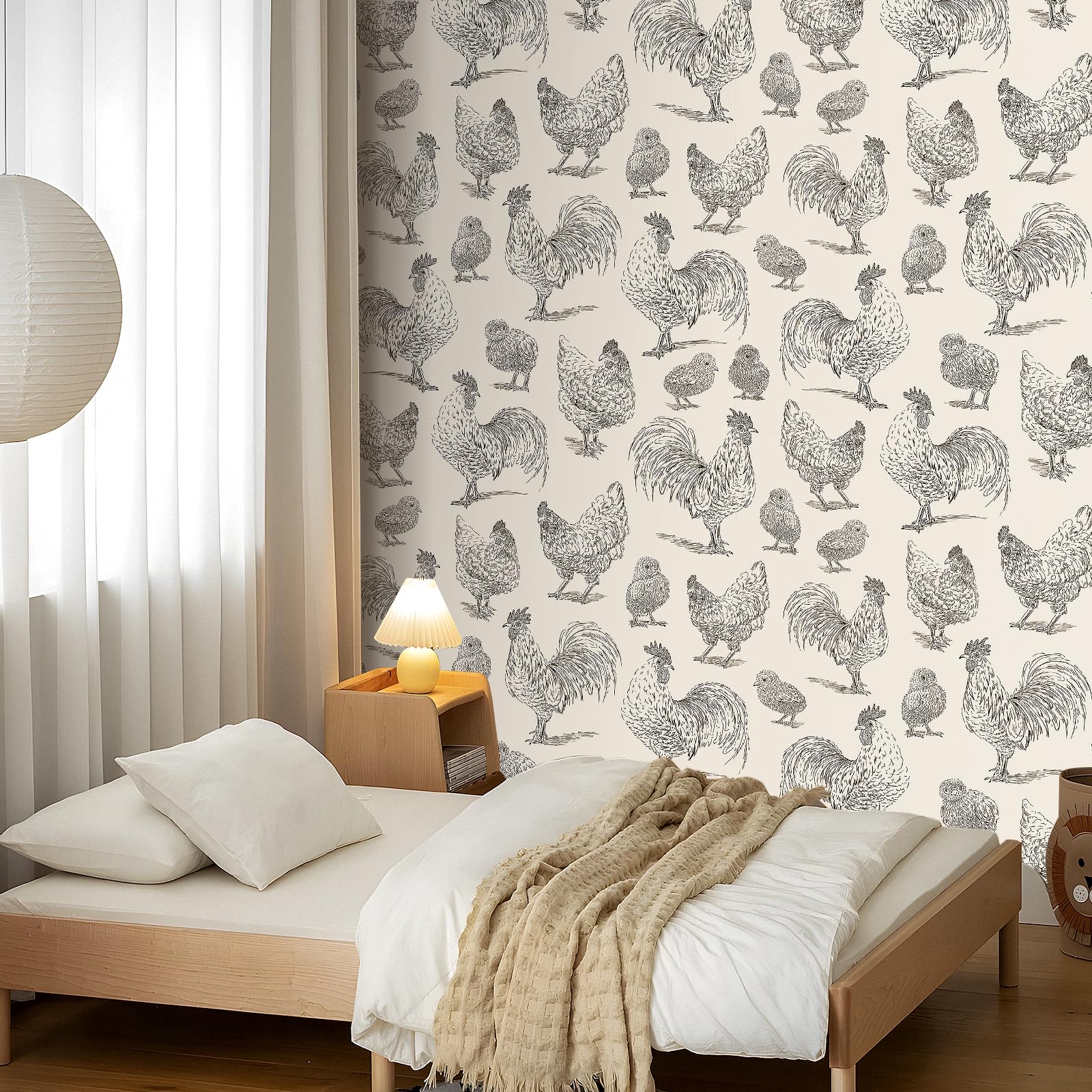Livelynine-cabinet-wallpaper-chicken-design, quick remodel on smooth surfaces.