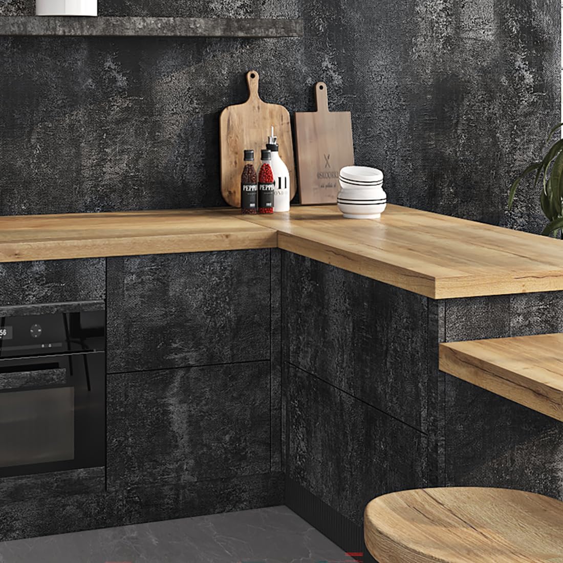 Livelynine concrete wallpaper applied to cabinet fronts for durable, stylish upgrade.