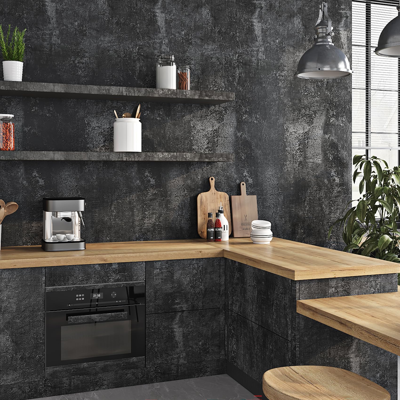 Livelynine concrete wallpaper on desk area as a sleek vinyl wrap accent.