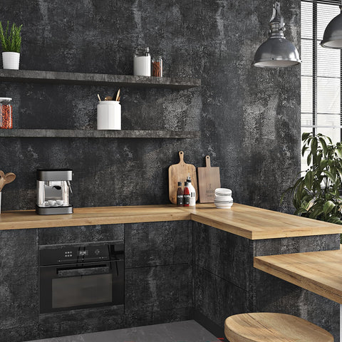 Livelynine concrete wallpaper on desk area as a sleek vinyl wrap accent.