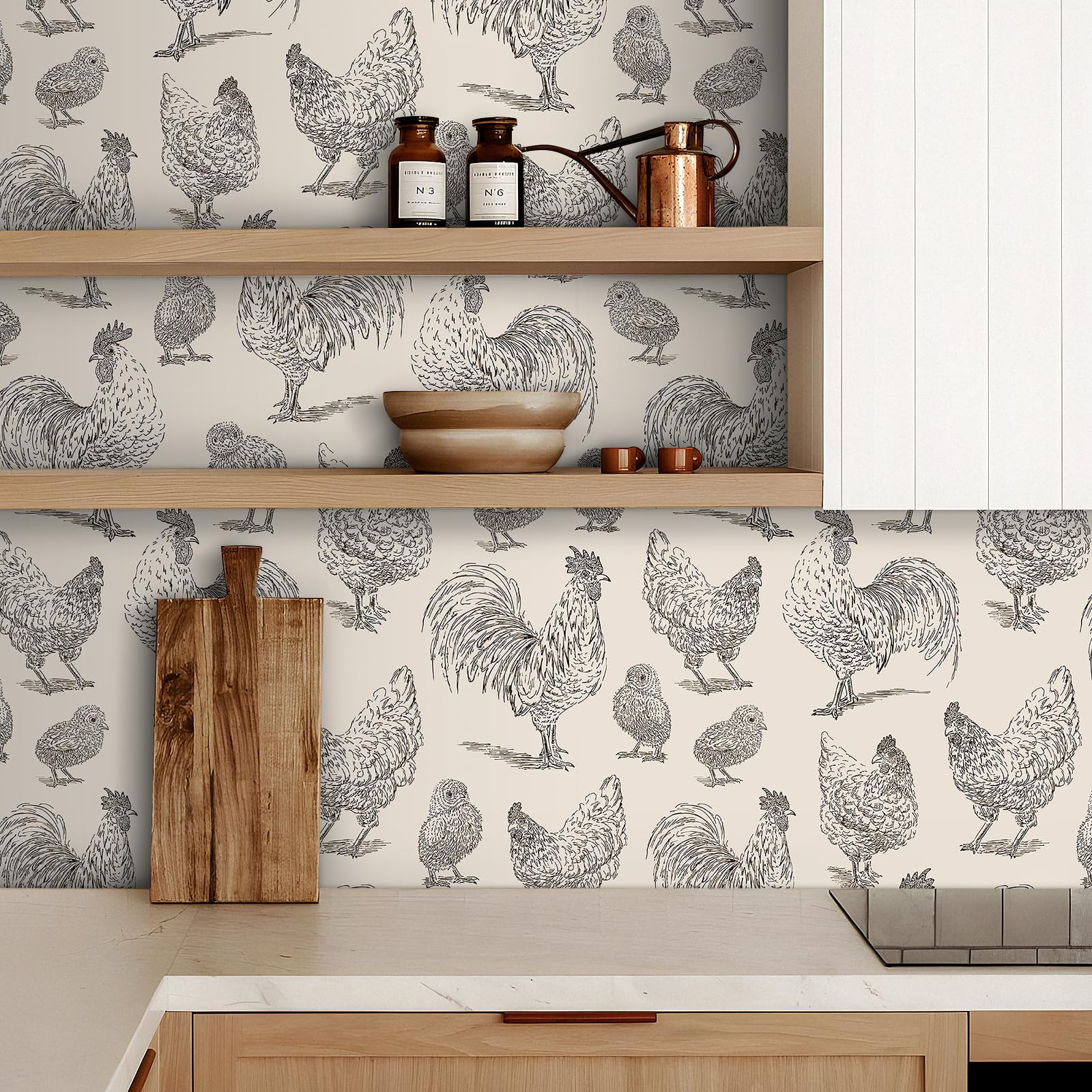 Livelynine farmhouse-wallpaper-chicken-coop, durable vinyl with removable finish for rentals.