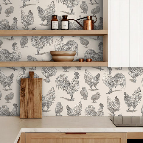 Livelynine farmhouse-wallpaper-chicken-coop, durable vinyl with removable finish for rentals.