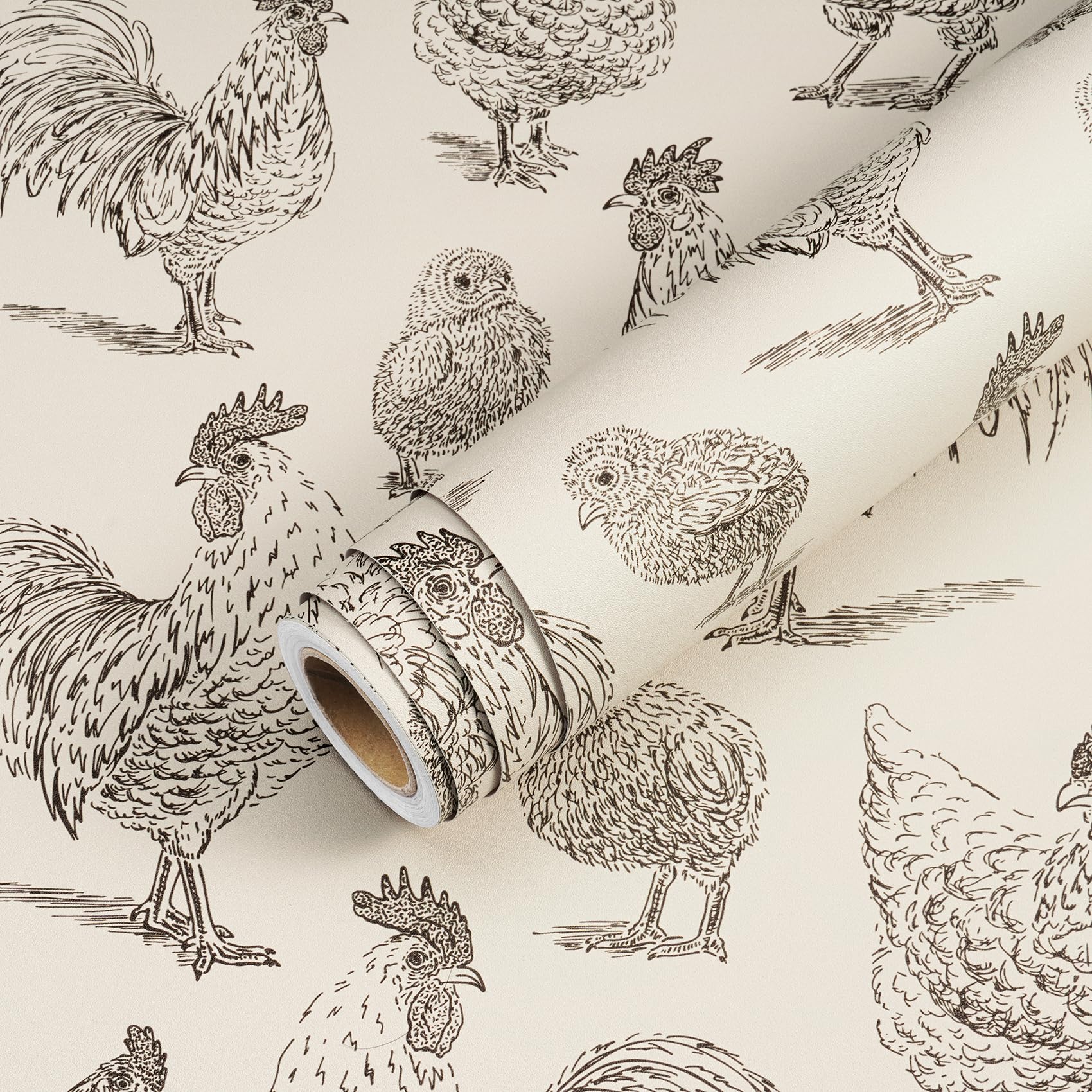 Livelynine-pantry-wallpaper-chicken-motif, protects shelves with washable finish.