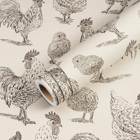 Livelynine-pantry-wallpaper-chicken-motif, protects shelves with washable finish.