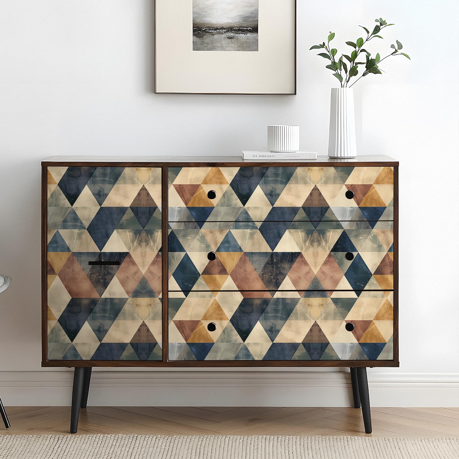 Livelynine peel-and-stick wallpaper in bedroom geo design for quick updates and mess-free installation.