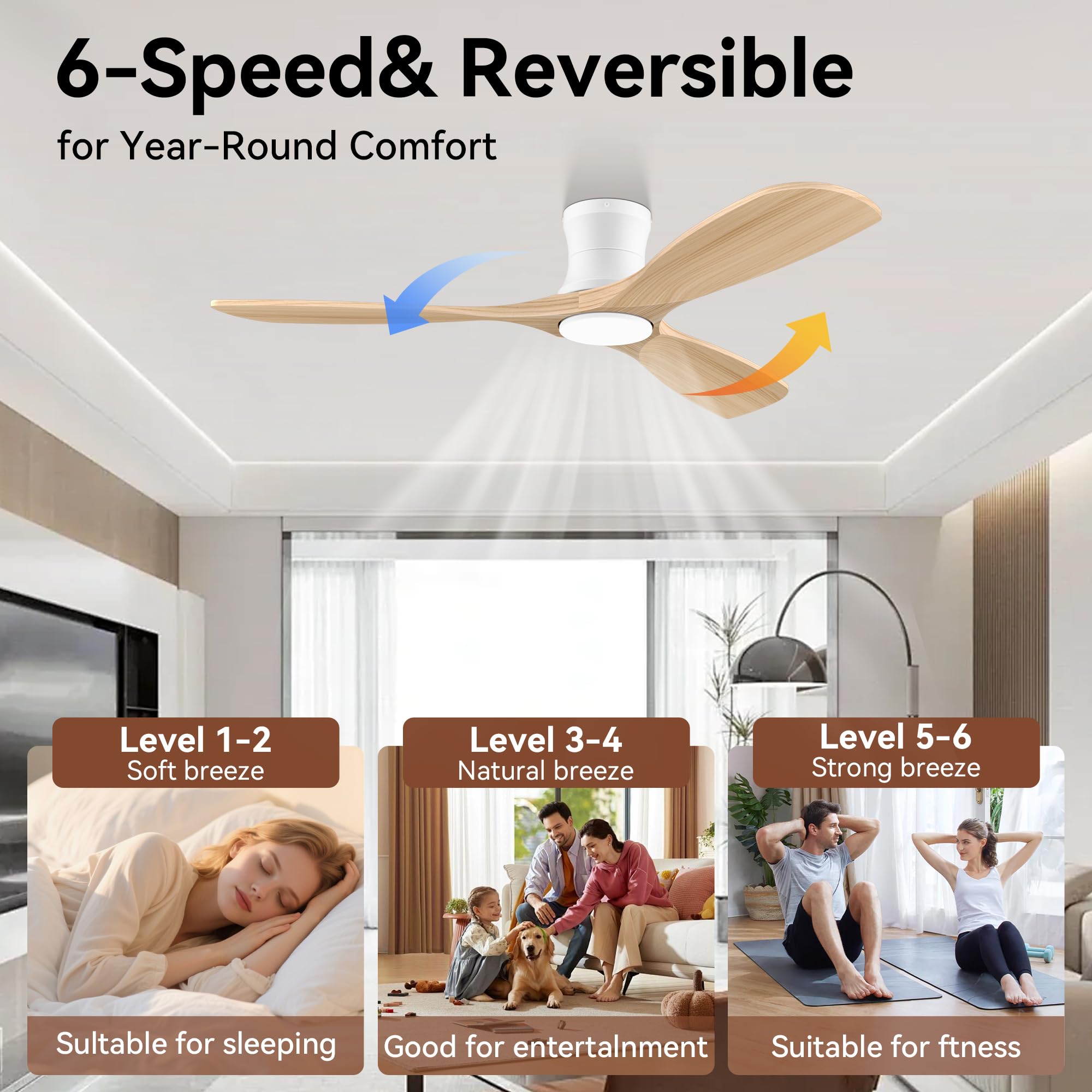 Livory Smart 52” ceiling fan with dimmable LEDs offering adaptable brightness.