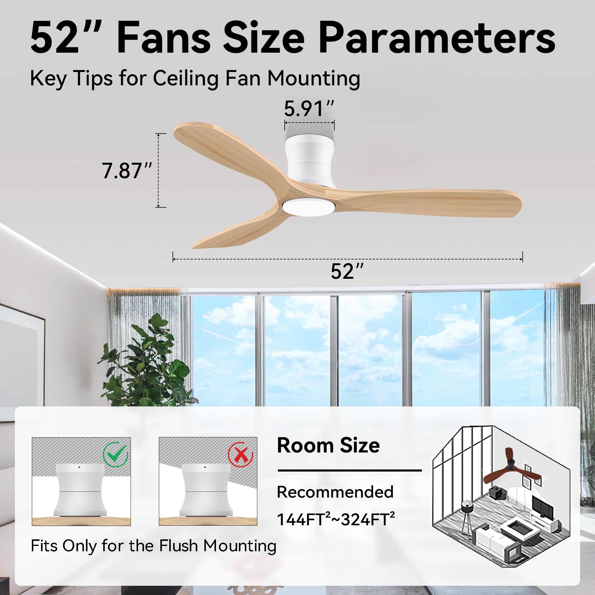 Livory Smart 52” ceiling fan low-profile design for ultra-low ceilings.