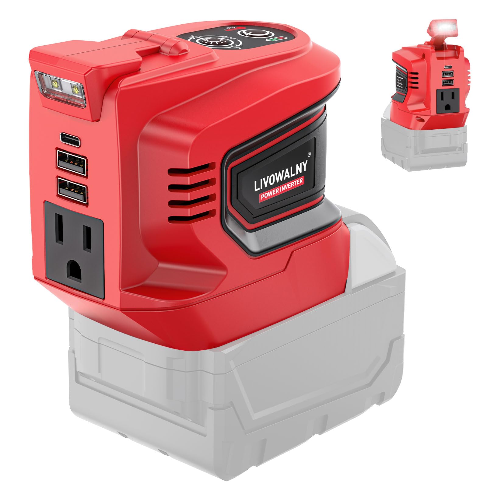 LIVOWALNY 200W inverter front view powering Milwaukee 18V devices outdoors