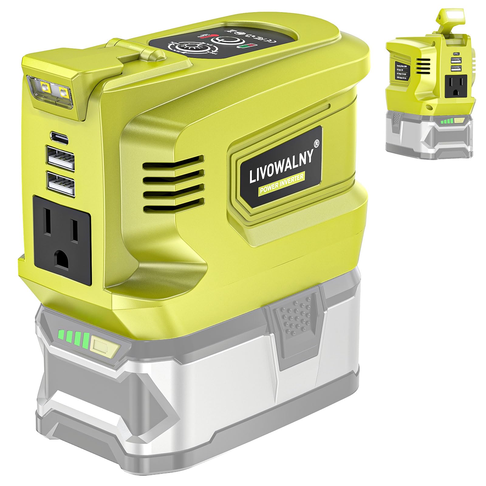 LIVOWALNY 200W inverter with Ryobi compatibility powering outdoor devices.