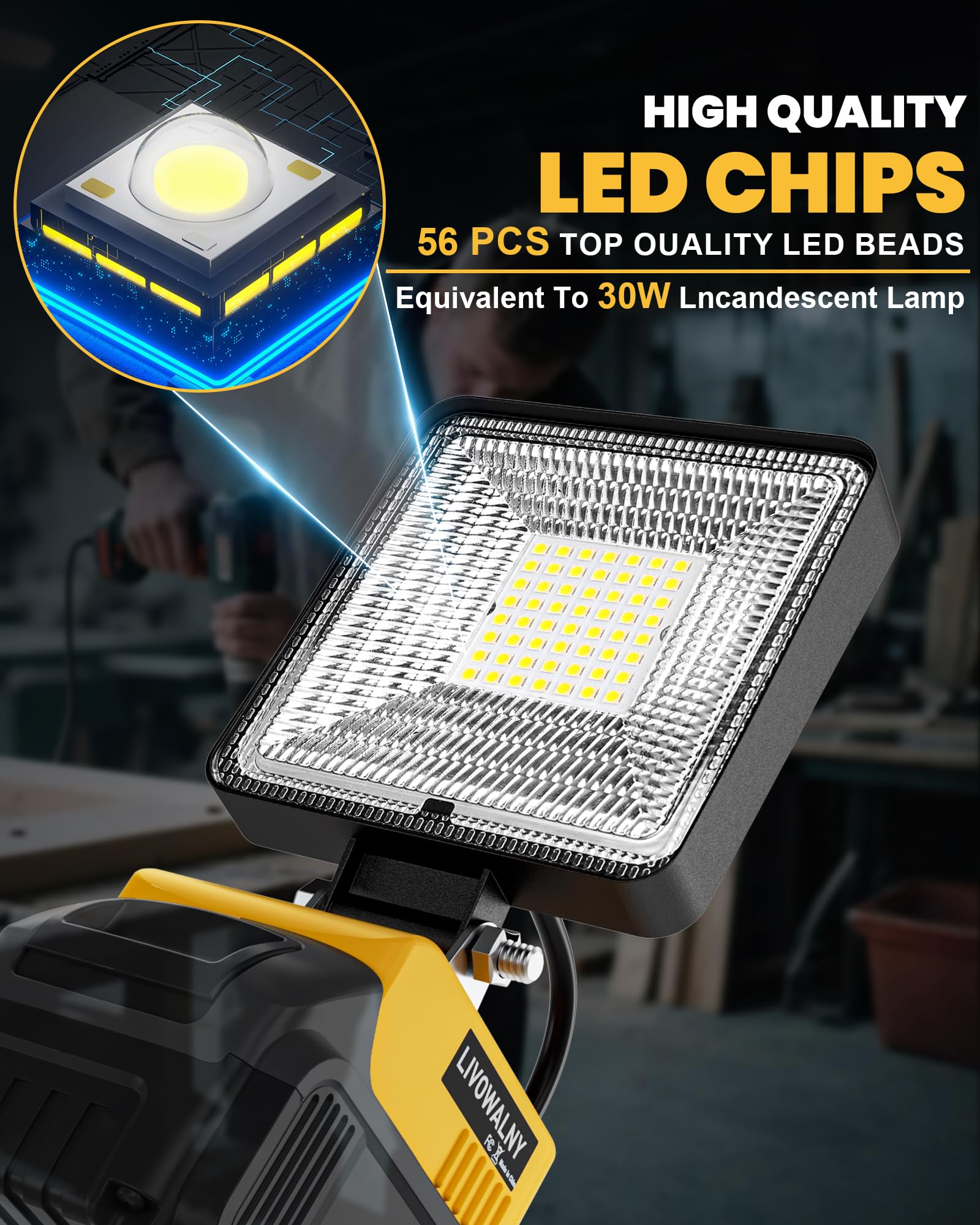 LIVOWALNY LED flood light with USB ports enabling on-site charging
