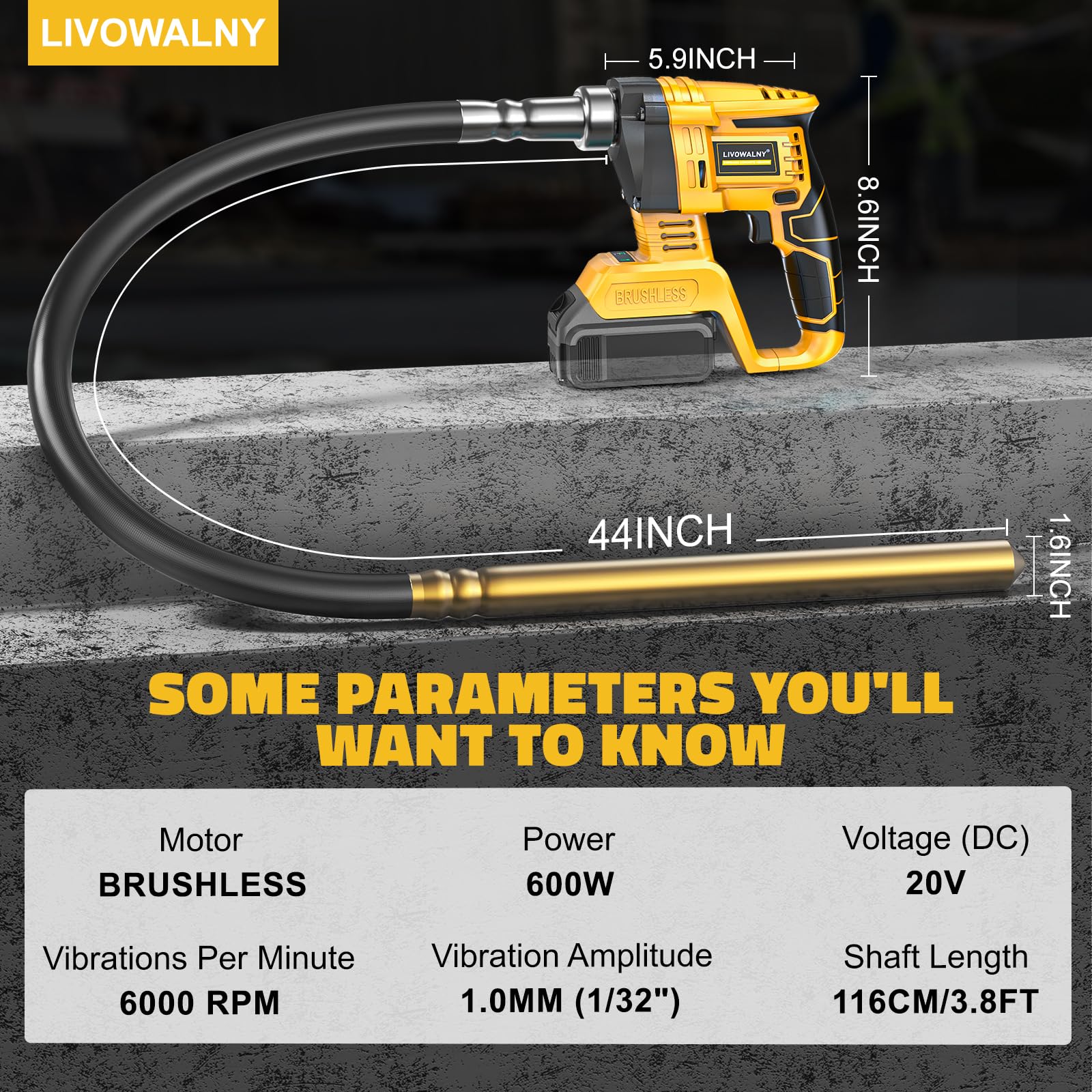 LIVOWALNY vibrator highlighting DeWALT 20V battery compatibility for DIY use.