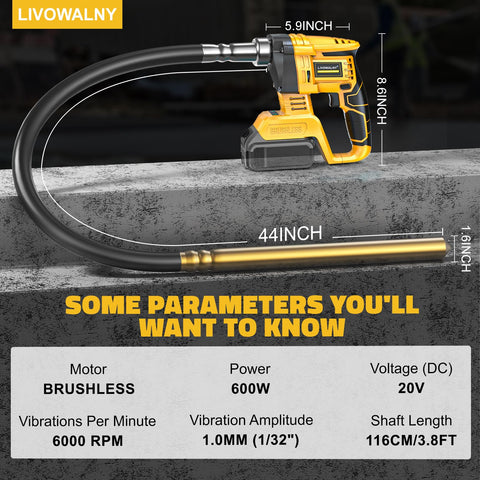 LIVOWALNY vibrator highlighting DeWALT 20V battery compatibility for DIY use.