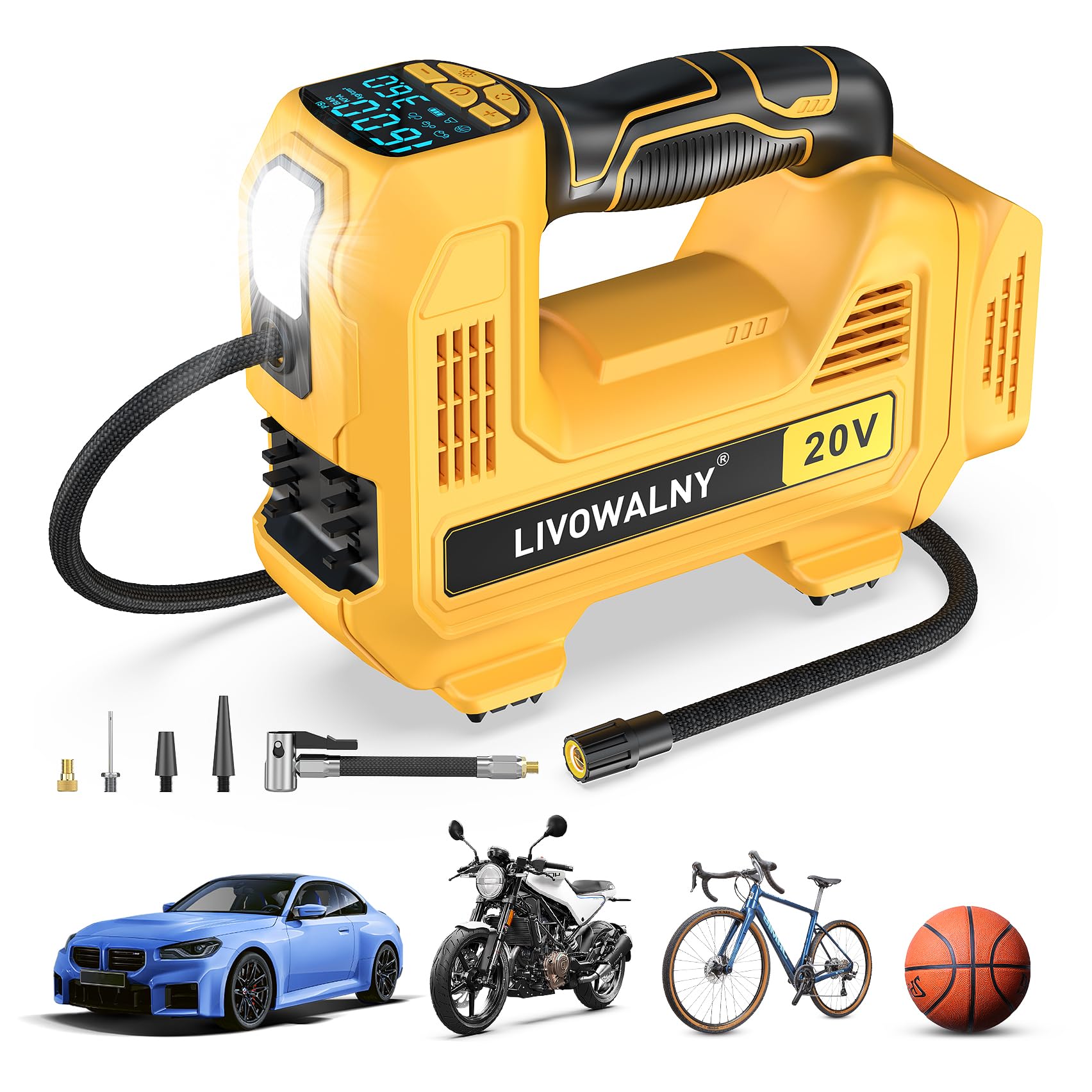 LIVOWALNY cordless tire inflator with digital display for precise inflation.
