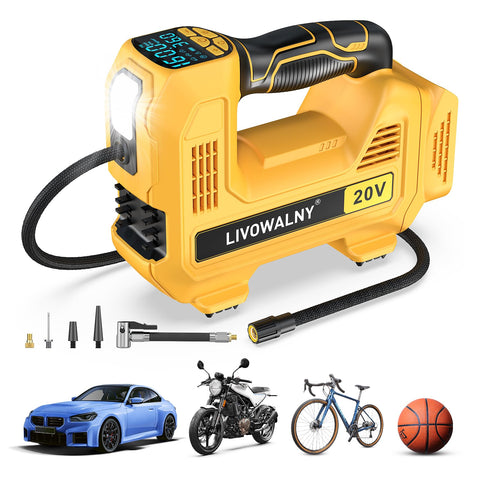 LIVOWALNY cordless tire inflator with digital display for precise inflation.