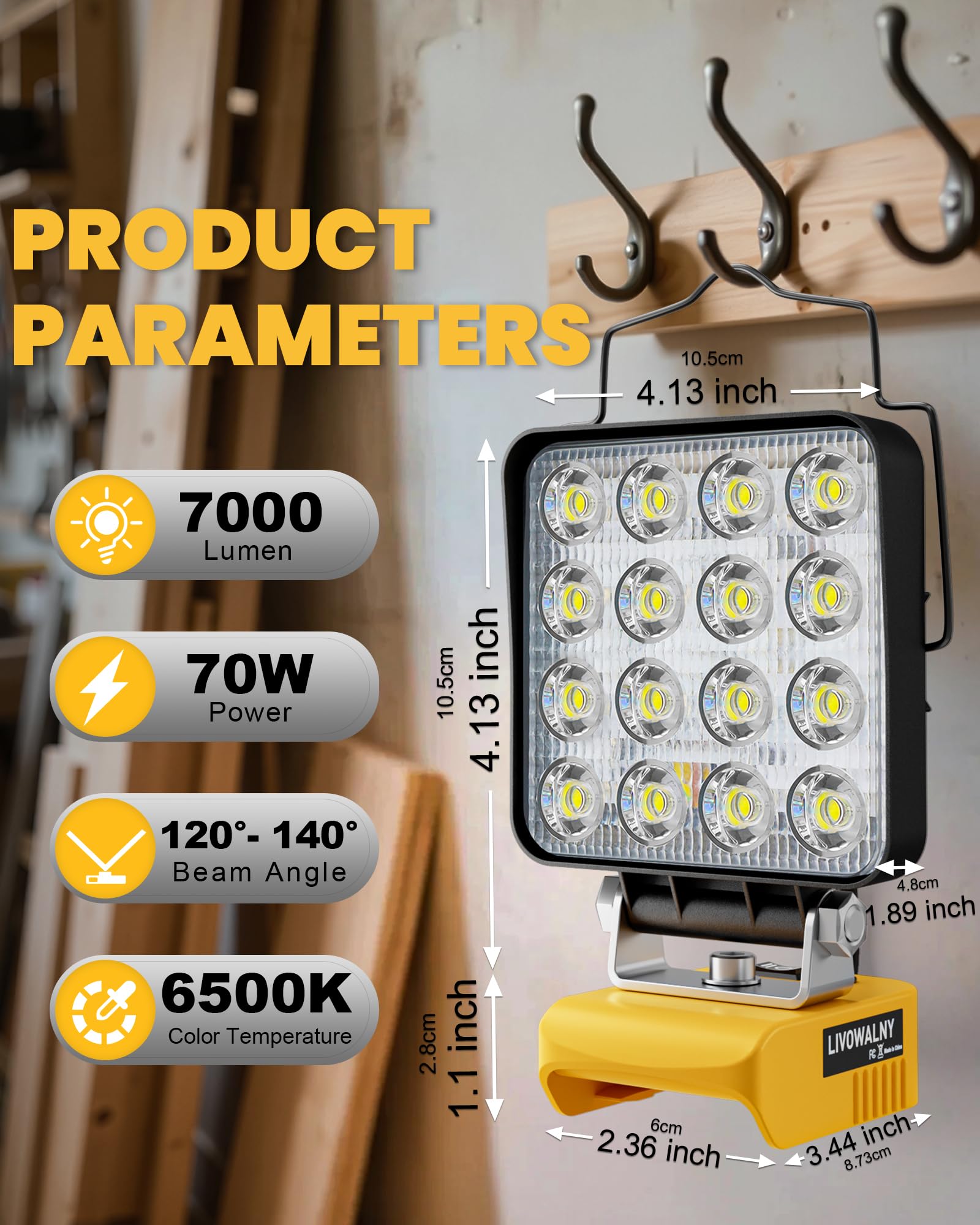 LIVOWALNY work light compatible with Dewalt 20V batteries for on-site reuse.