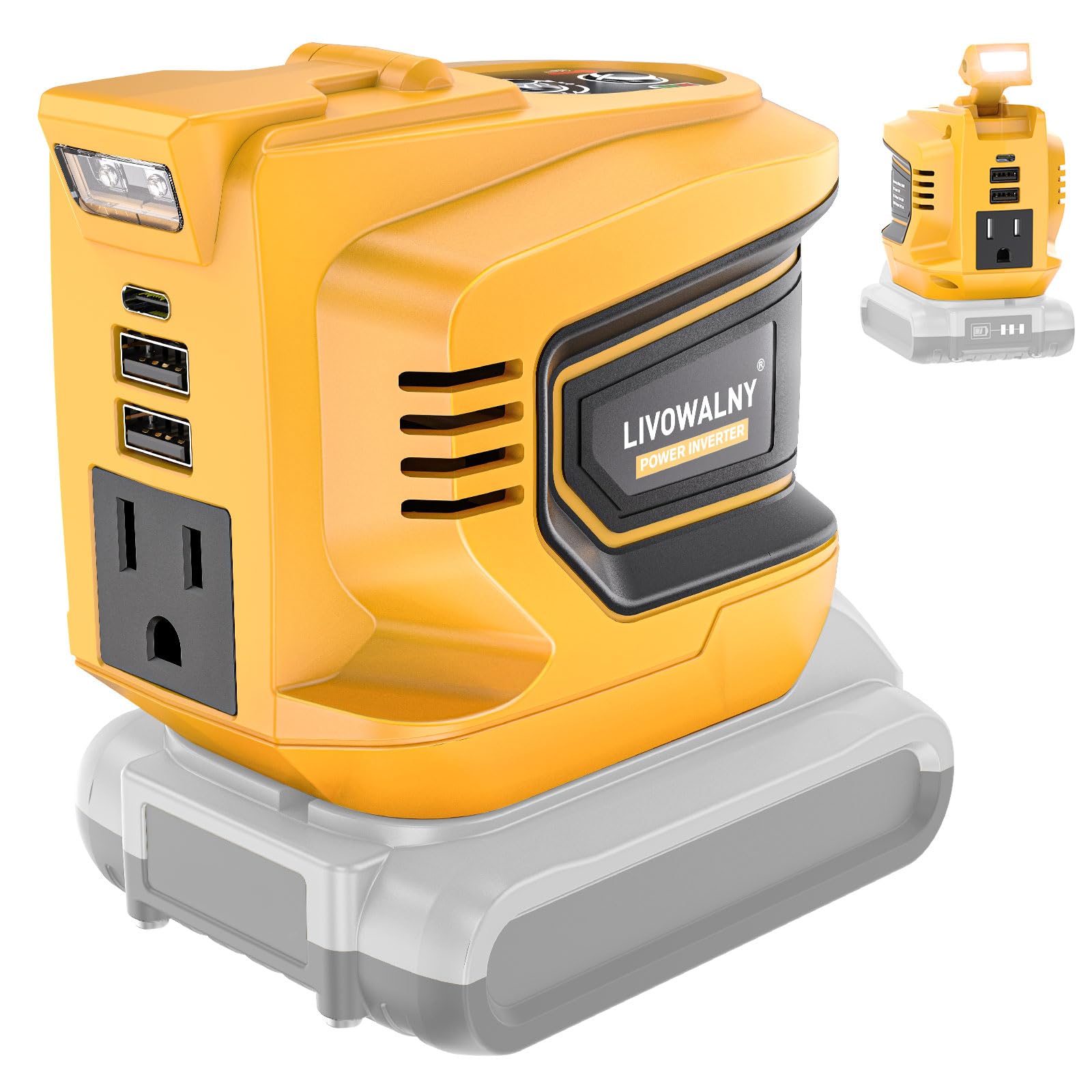 LIVOWALNY DeWalt 20V battery inverter front view powers small devices on the go.