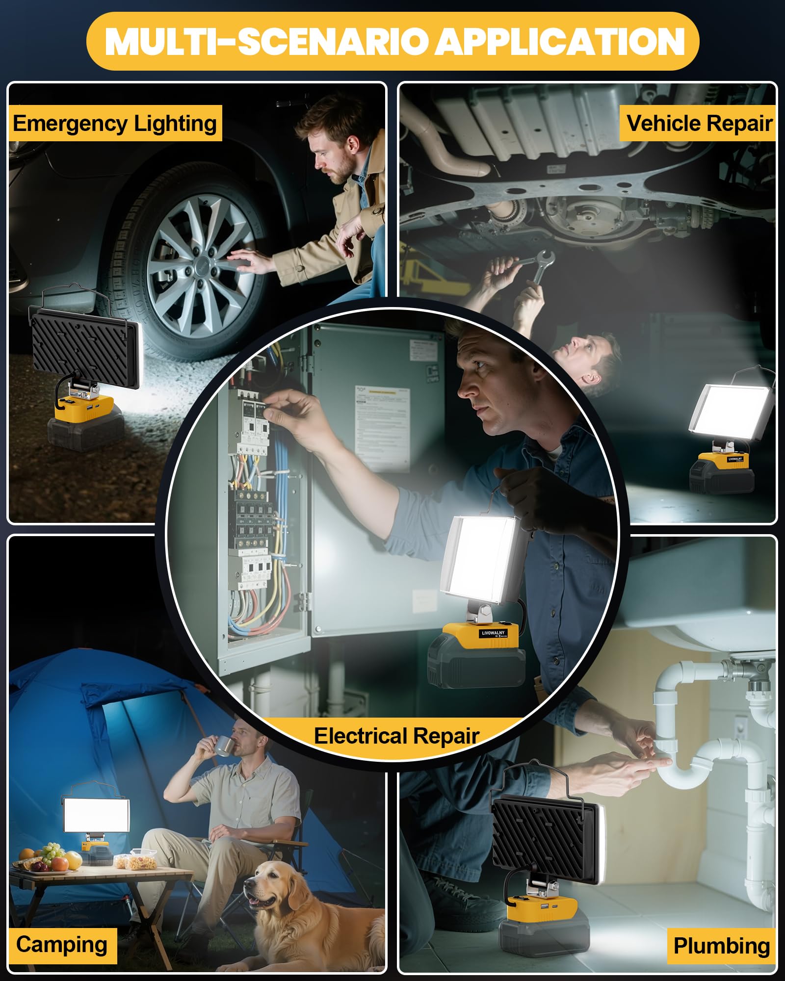 LIVOWALNY dewalt-compatible 100W LED light in emergency use on site