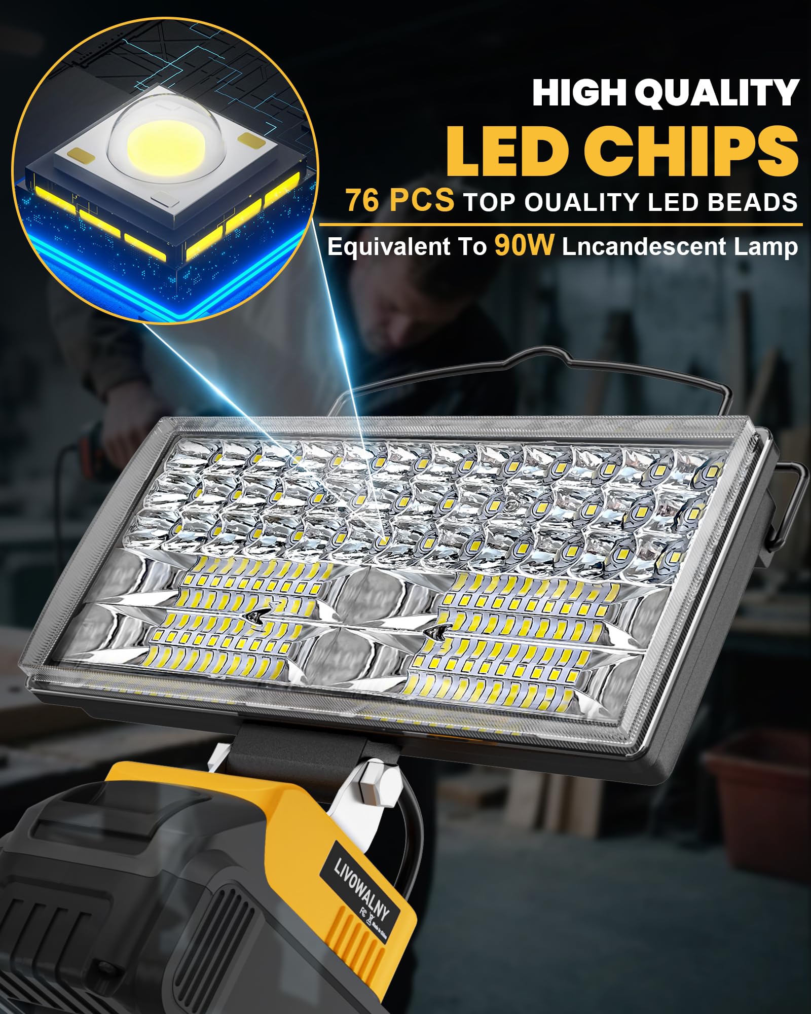 LIVOWALNY dewalt-compatible 100W LED light pivot head enabling flexible angles