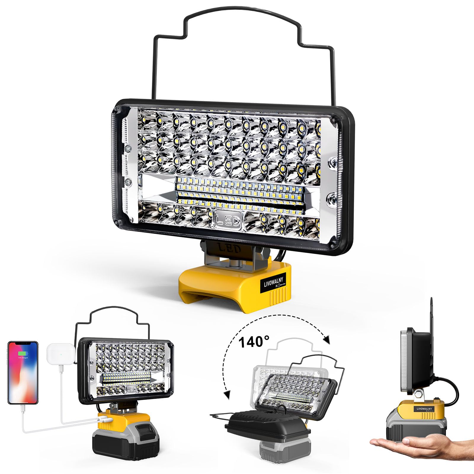 LIVOWALNY dewalt-compatible 100W LED work light front view for high-visibility job sites