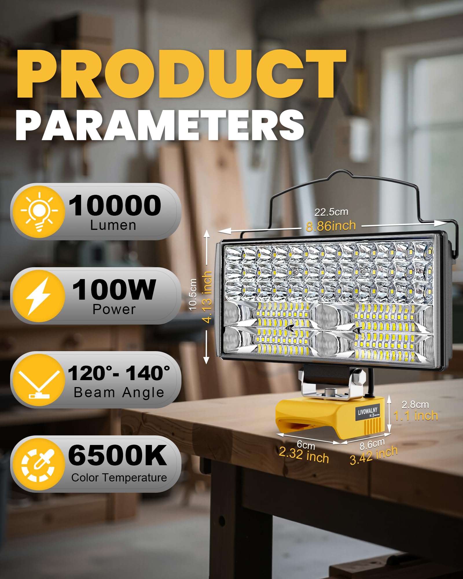 LIVOWALNY dewalt-compatible 100W LED work light side port view showing USB ports