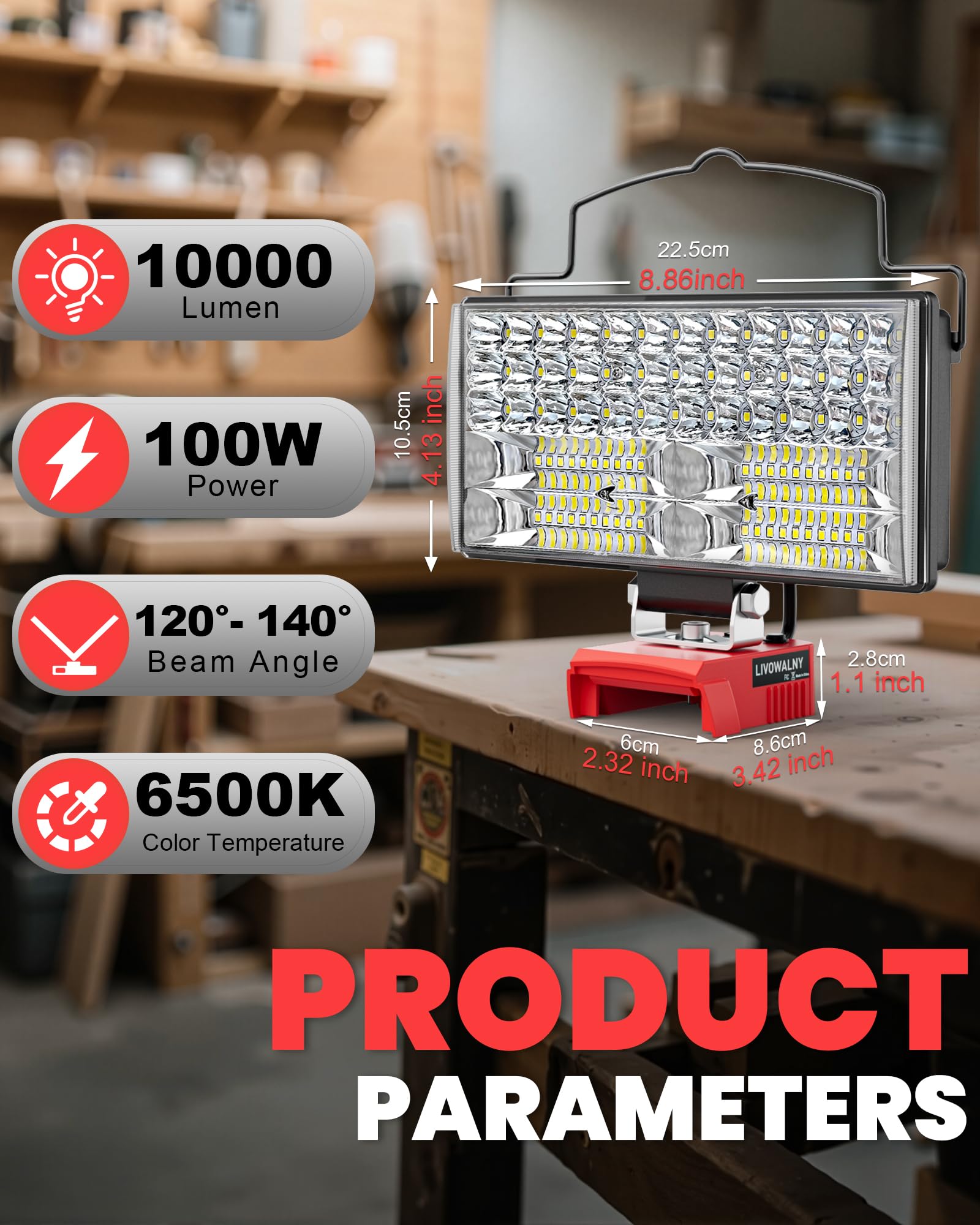 LIVOWALNY LED work light 50W 5000lm setting ideal for indoor tasks