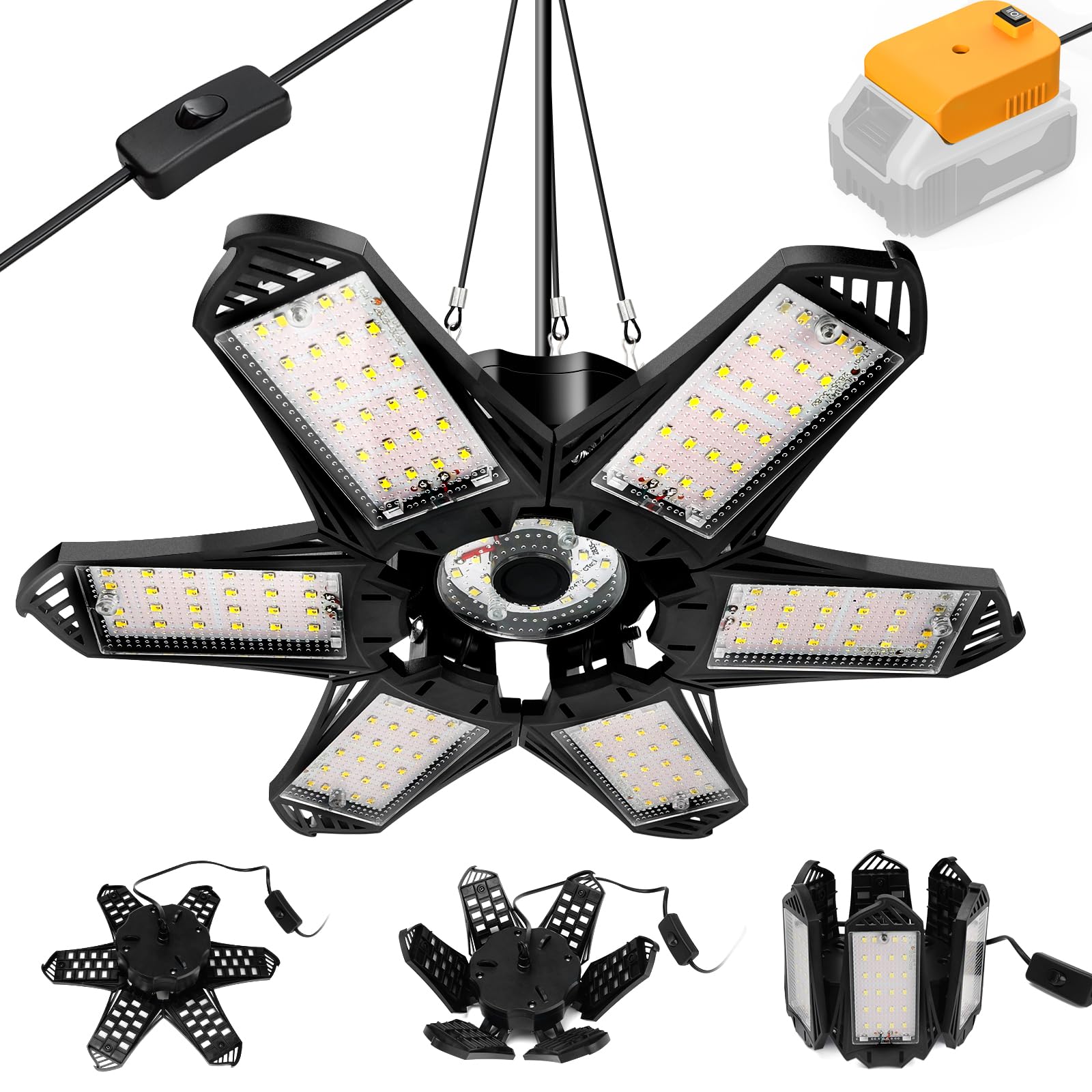 LIVOWALNY LED work light with DEWALT 20V battery attachment for portable site lighting.