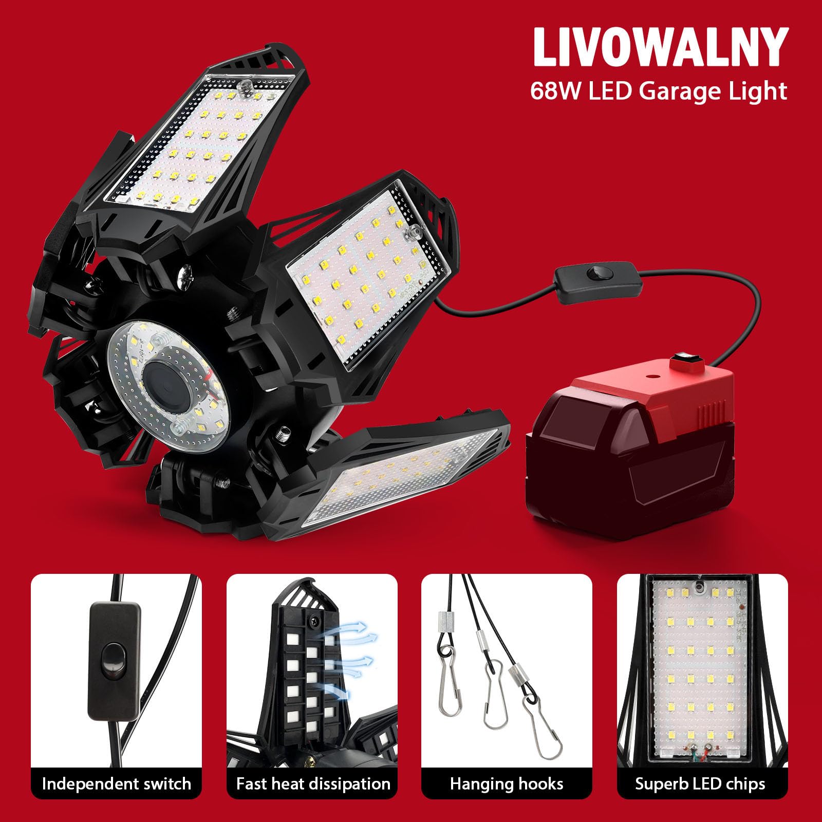 Livowalny LED Work Light hanging kit enables quick overhead installation.