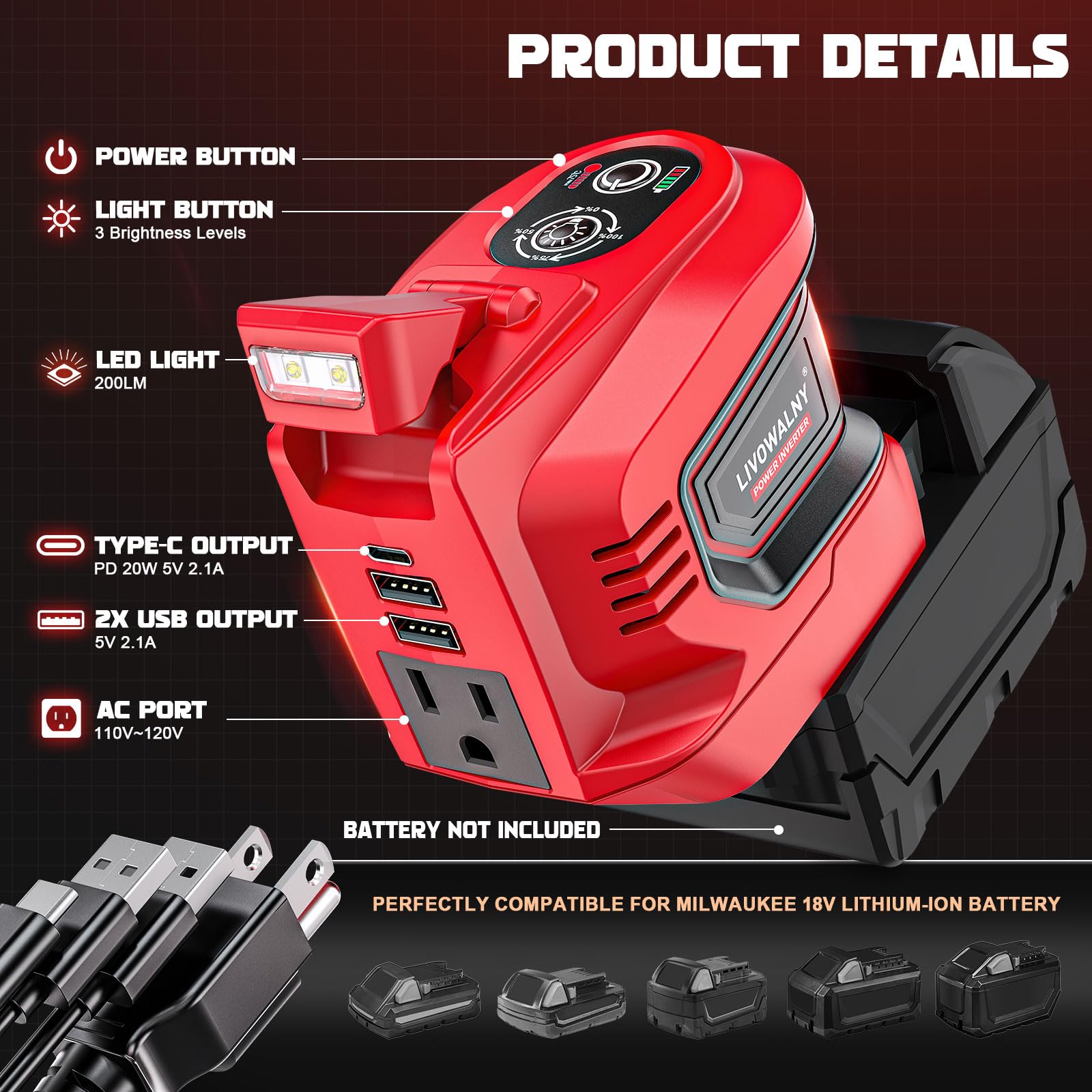 LIVOWALNY Milwaukee 18V battery connection enables easy outdoor power