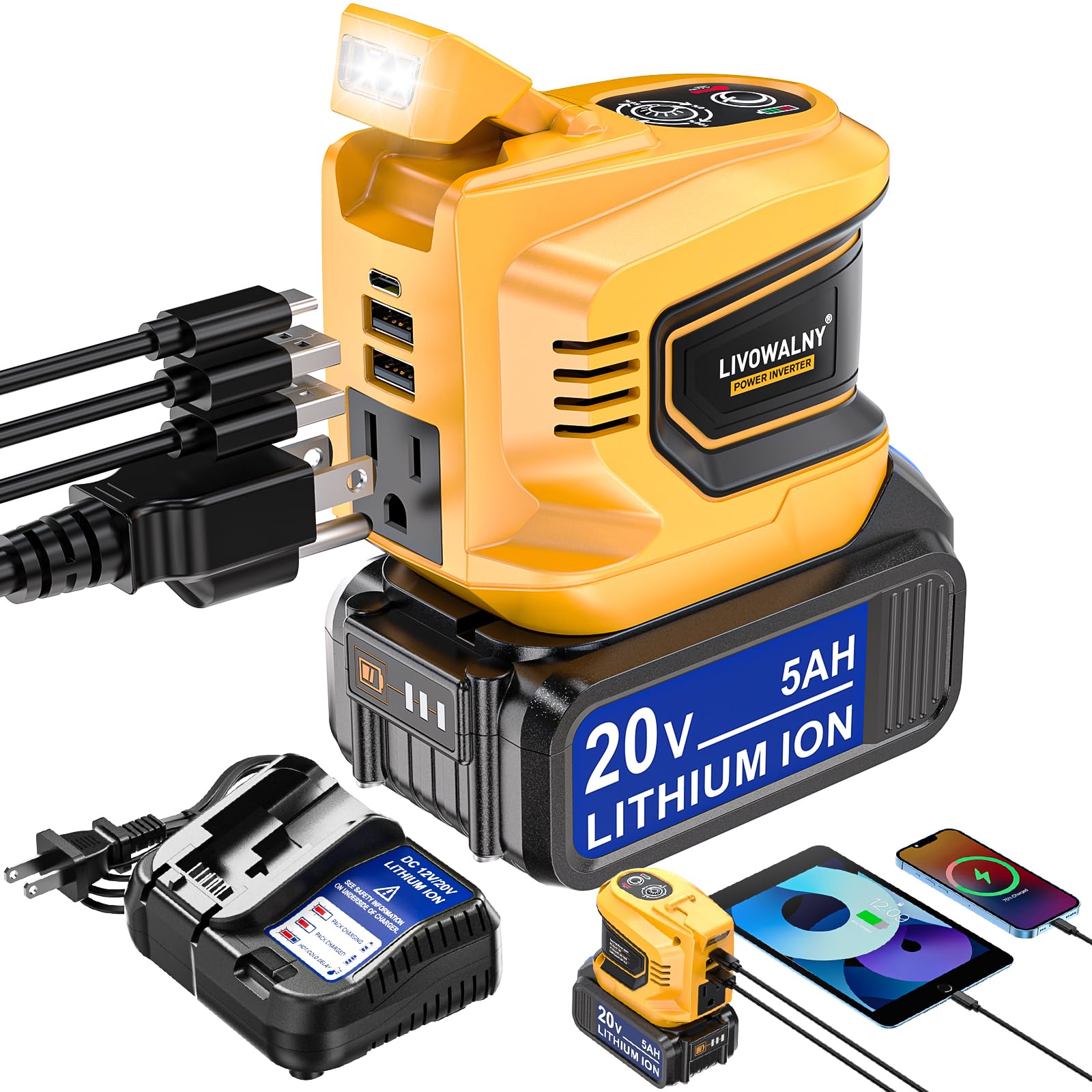 LIVOWALNY power inverter 20V to 110V powering devices on the go.